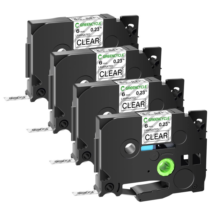 GREENCYCLE 4 Pack 6mm Black on Clear Tape Compatible for Brother TZe-111 TZ111 TZ TZe 6mm 0.23 Inch Clear Laminated Label Tape for Ptouch PT D210 H110 H100 D400 D600 1230PC 1280 1290 Label Maker - Image 1